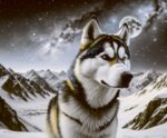 Majestic husky with starry fur under a galactic sky and full moon in a snowy mountain landscape.