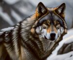 Close-up portrait of a striking timber wolf in a snowy mountain setting with detailed fur and focused golden eyes.