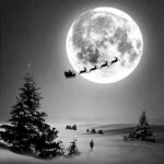 Silhouette of Santa’s sleigh flying across a full moon on a snowy Christmas night