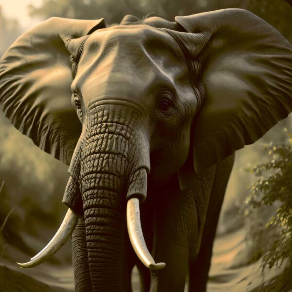 A regal bull elephant with large tusks walking through the jungle, bathed in golden light