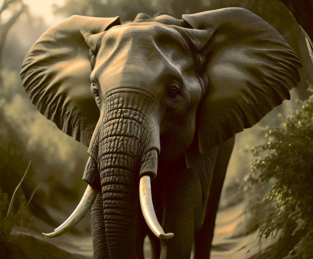 A powerful bull elephant with large tusks facing forward in a jungle setting, bathed in soft light