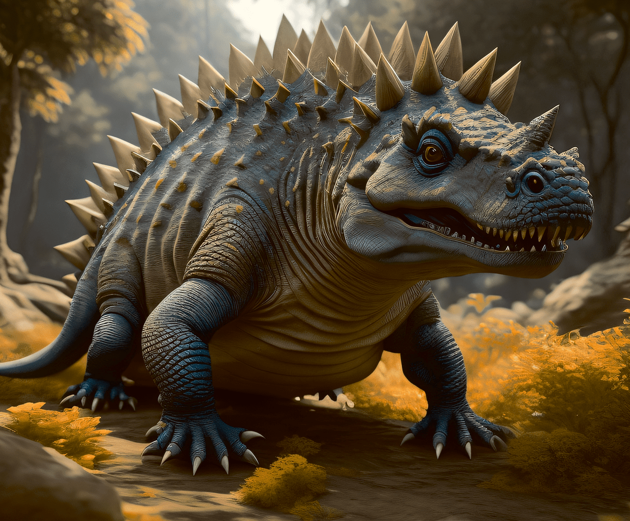 Realistic armored dinosaur with heavy scales and sharp back spikes in a forest setting