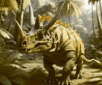 Realistic three-horned dinosaur with armored frill standing in a jungle environment