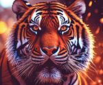Intense tiger portrait with glowing orange eyes and ember-like sparks in the background