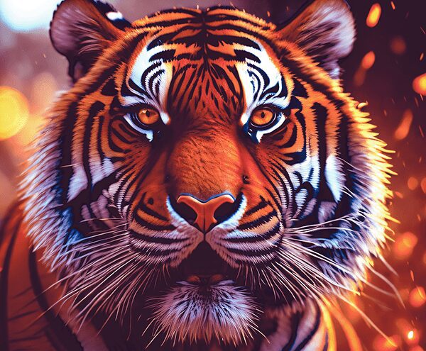 Intense tiger portrait with glowing orange eyes and ember-like sparks in the background
