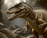 Detailed close-up of a roaring dinosaur with spiky ridges in a misty jungle background