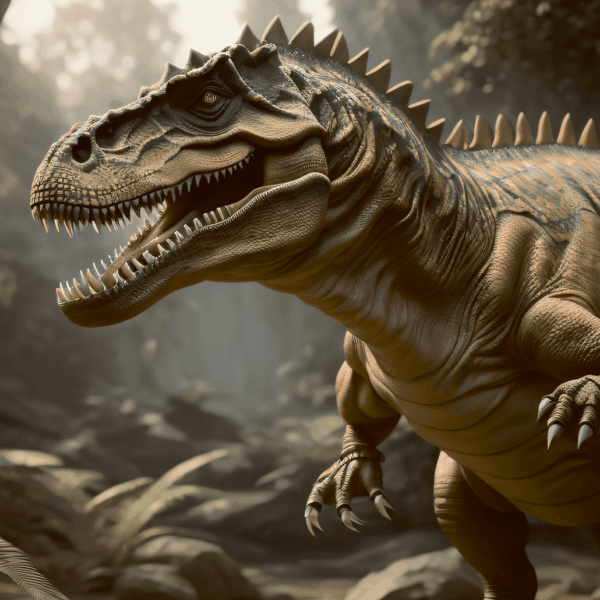 Detailed close-up of a roaring dinosaur with spiky ridges in a misty jungle background