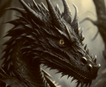 Close-up of fierce black dragon with golden eye, sharp horns, and detailed scales against misty background