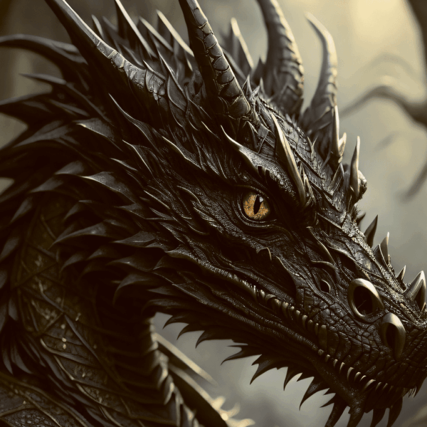 Close-up of fierce black dragon with golden eye, sharp horns, and detailed scales against misty background