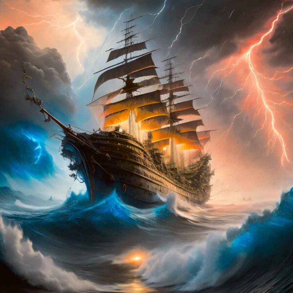A majestic tall ship battles through a violent ocean storm, surrounded by lightning strikes and towering waves.