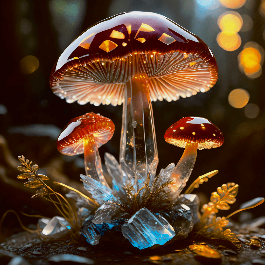 Glowing mushrooms with a surreal, magical glow, surrounded by a dark forest backdrop.