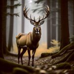 Majestic stag standing alert in a misty forest clearing, surrounded by tall trees and mossy ground