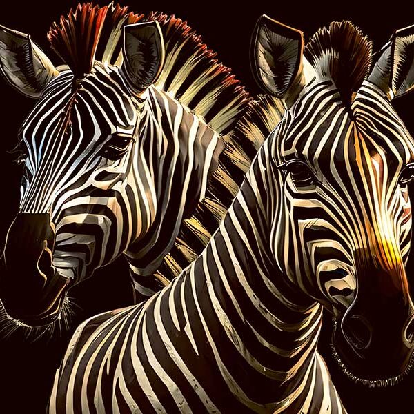 Artistic image of two zebras with illuminated stripes in a bold wildlife design