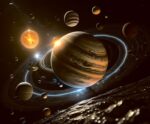 A surreal composition of multiple glowing planets, stars, and a radiant sun orbiting in deep space
