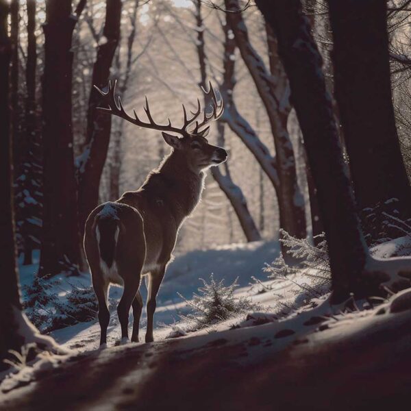 Stag standing proudly in a snow-covered forest with sunlight filtering through the trees
