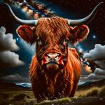 Majestic Highland cow with long horns under a starry night sky – LED Box Frame
