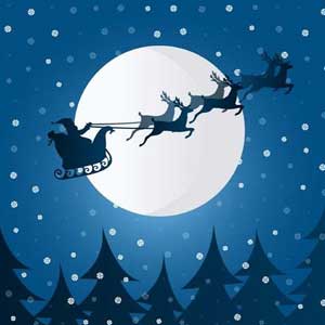 Cartoon Santa flying across a snowy sky in front of the full moon over pine trees
