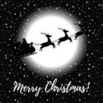 Santa’s sleigh flying across a snowy night sky in front of a glowing moon with “Merry Christmas!” written below