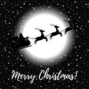 Santa’s sleigh flying across a snowy night sky in front of a glowing moon with “Merry Christmas!” written below