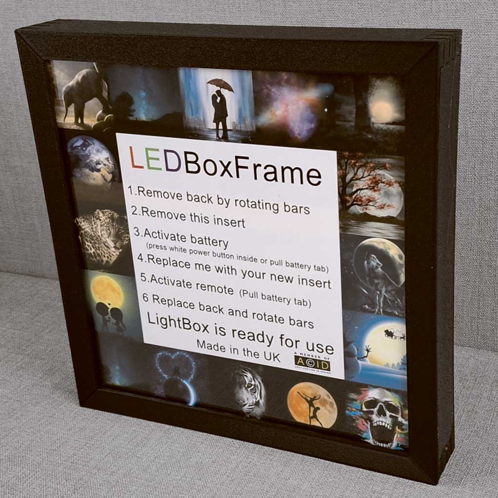 Black LED Box Frame with detailed setup instructions, perfect for displaying artwork with customizable lighting options and eco-friendly technology.