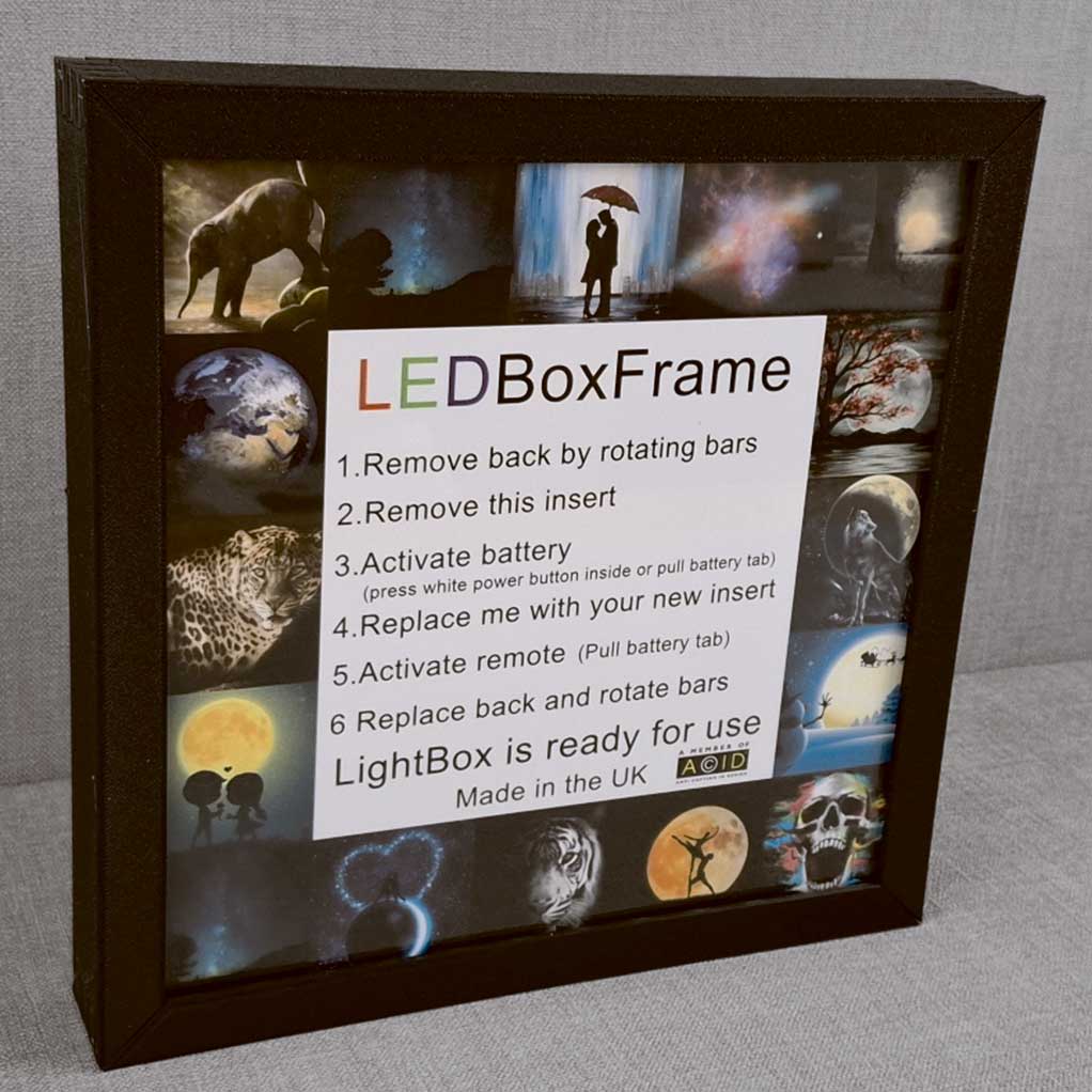 Black LED Box Frame with clear setup instructions, ideal for showcasing artwork and photos with customizable LED lighting and eco-friendly tech.