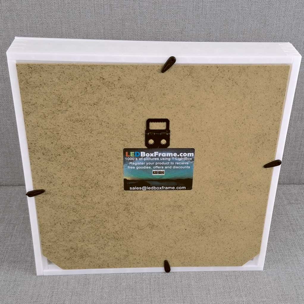 Back view of a white LED Box Frame, showcasing eco-friendly materials and a sleek, minimalistic design perfect for displaying art and photos with customizable lighting.
