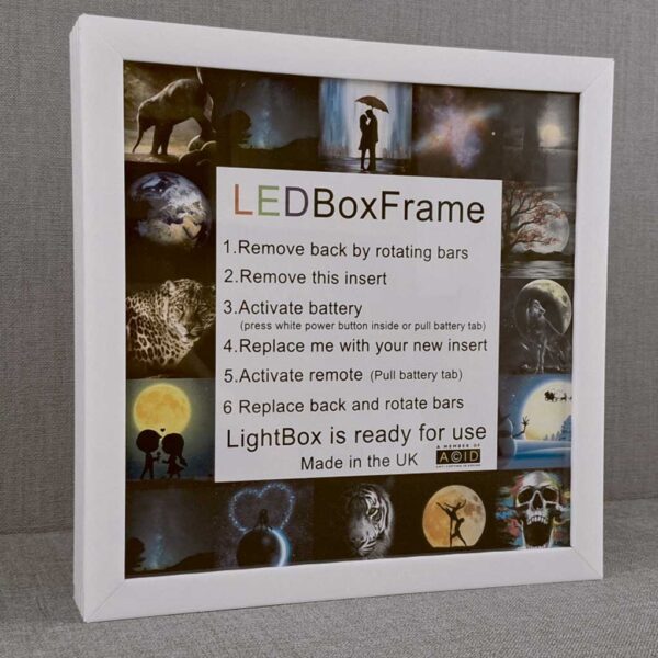 White LED Box Frame displaying instructions for use, featuring a customizable light display and eco-friendly materials.