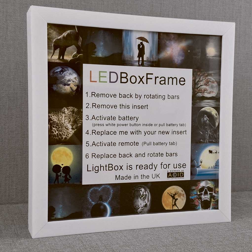 White LED Box Frame showing instructions for setup, including battery activation and remote use, ideal for customizable photo or art displays.