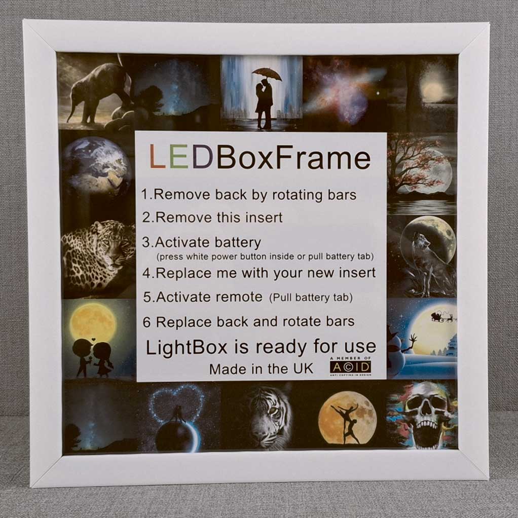 Back view of a white LED Box Frame showing instructions for use, featuring eco-friendly materials and customizable LED lighting.