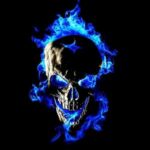 Skull engulfed in blue and fiery flames, creating a striking and intense visual design.