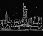 Stylized line art of the Statue of Liberty with the New York skyline, perfect for showcasing iconic American landmarks in a modern LED Box Frame."