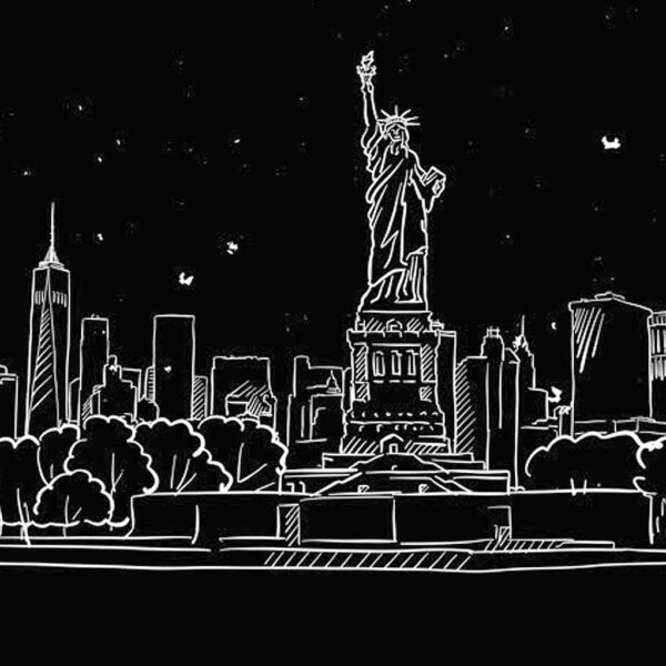 Stylized line art of the Statue of Liberty with the New York skyline, perfect for showcasing iconic American landmarks in a modern LED Box Frame."