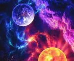 Two planets hover in a galactic nebula, surrounded by vibrant purple, blue, and fiery orange clouds and cosmic energy.