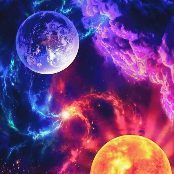 Two planets hover in a galactic nebula, surrounded by vibrant purple, blue, and fiery orange clouds and cosmic energy.