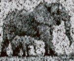 Abstract black-and-white artwork of an elephant and calf created with scattered typographic letters