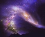 A dramatic cosmic scene of two galaxies colliding in deep space, with vivid purples, golds, and stars set against a mountainous horizon.