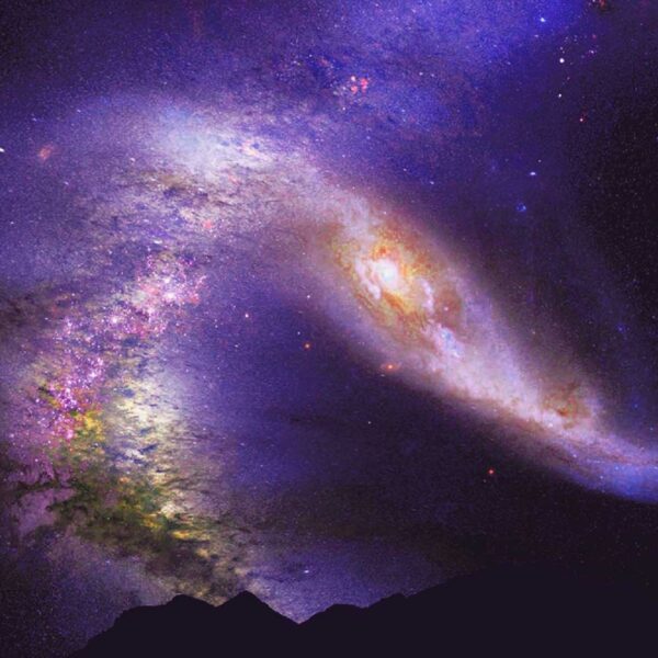 A dramatic cosmic scene of two galaxies colliding in deep space, with vivid purples, golds, and stars set against a mountainous horizon.