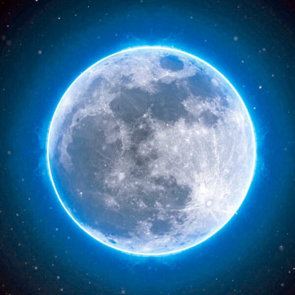 Bright full moon with an electric blue glow surrounded by twinkling stars in a cosmic night sky