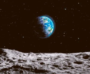 View of Earth from the lunar surface with stars in the background.