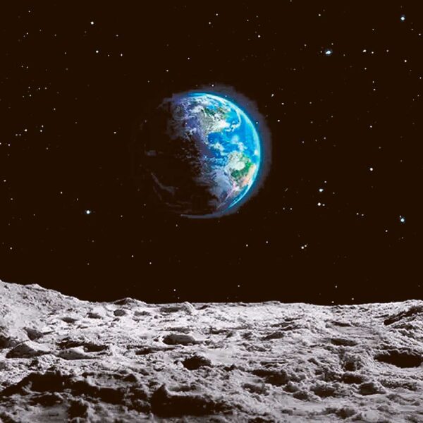 View of Earth from the lunar surface with stars in the background.