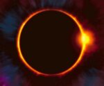 A dramatic solar eclipse with a fiery corona glowing around the moon, casting a vibrant halo against a star-speckled space background.