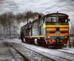 Siberian locomotive passing through snowy tracks, ideal for LED Box Frame display.