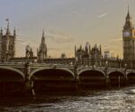 Iconic view of Westminster Bridge and Big Ben, captured in a stunning LED Box Frame for a timeless London decor."