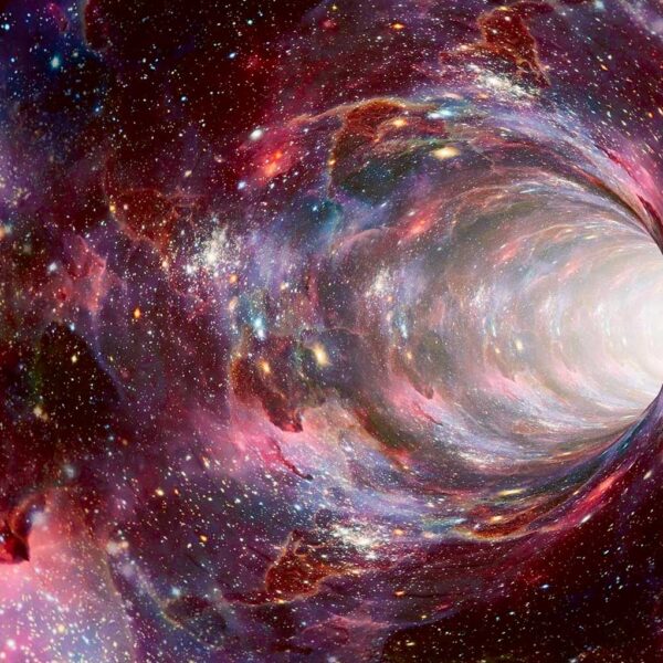 An awe-inspiring image of a cosmic wormhole, with swirling galaxies and stars leading to the unknown.