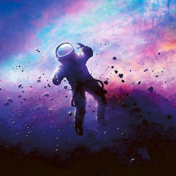 An astronaut floating in space among asteroids and colorful cosmic clouds.