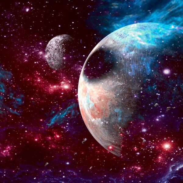 A beautiful space scene with planets and nebula clouds, perfect for display with LED Box Frame’s customizable lighting.