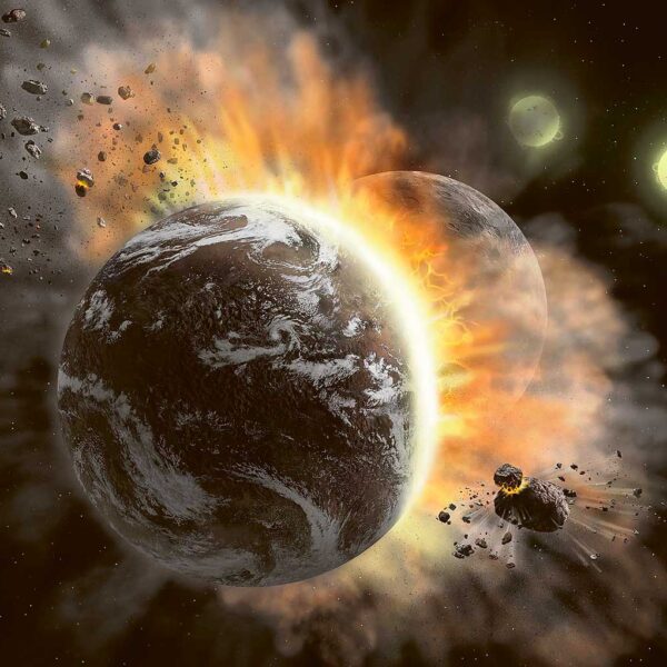 A dramatic image of a planet surrounded by explosions, asteroids, and distant stars, capturing the powerful forces of space.