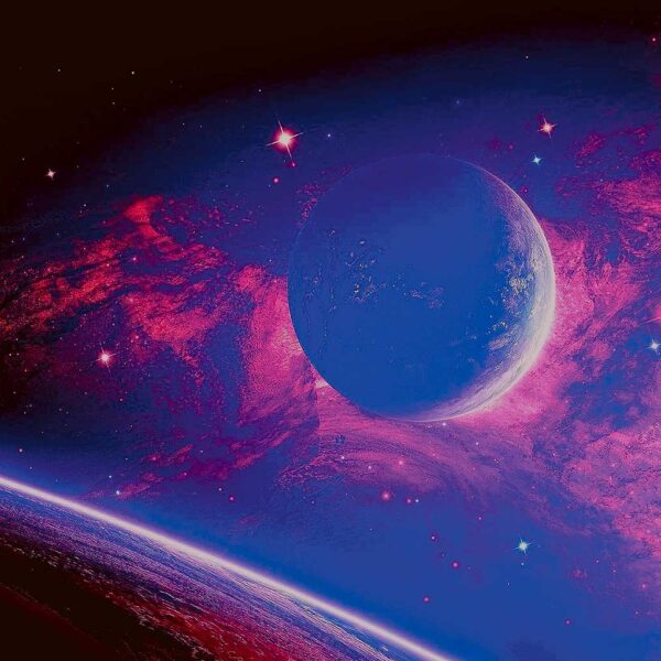 Colorful image of a distant planet in space with stars and nebula.