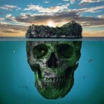 Skull Island design featuring a skull as an island, with ocean and sky above, creating a mysterious and creative art piece.