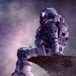 Astronaut sitting in space with a stunning cosmic background, featured in LED Box Frame designs.